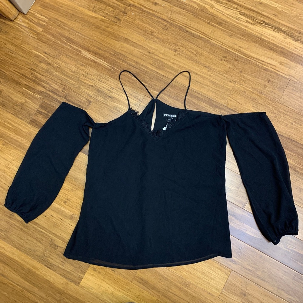 Express Cold Shoulder Top Womens Size Small Long Sleeve Blouse Black Fringe Trim
